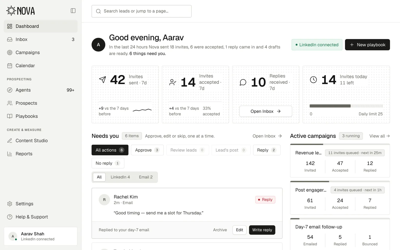 Nova dashboard: invites, acceptances and replies for the week, the queue of drafts and replies that need you, and active campaigns