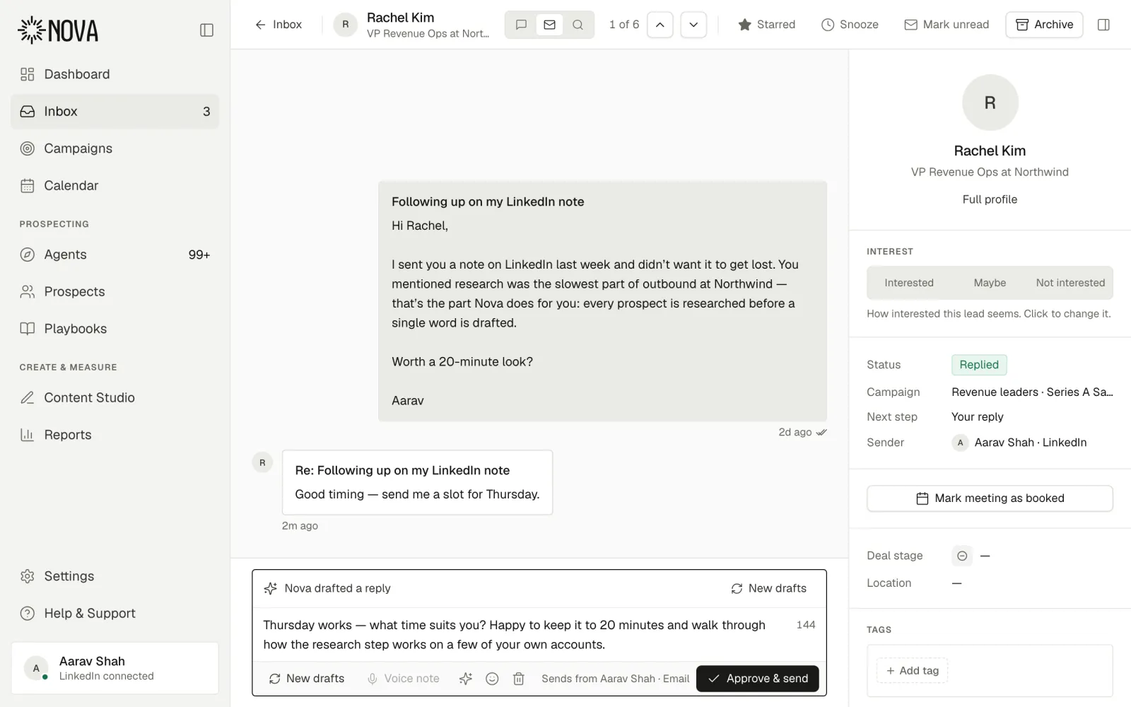 Nova inbox thread with Rachel Kim: the LinkedIn note, the day-7 email, her reply and a drafted response waiting for approval