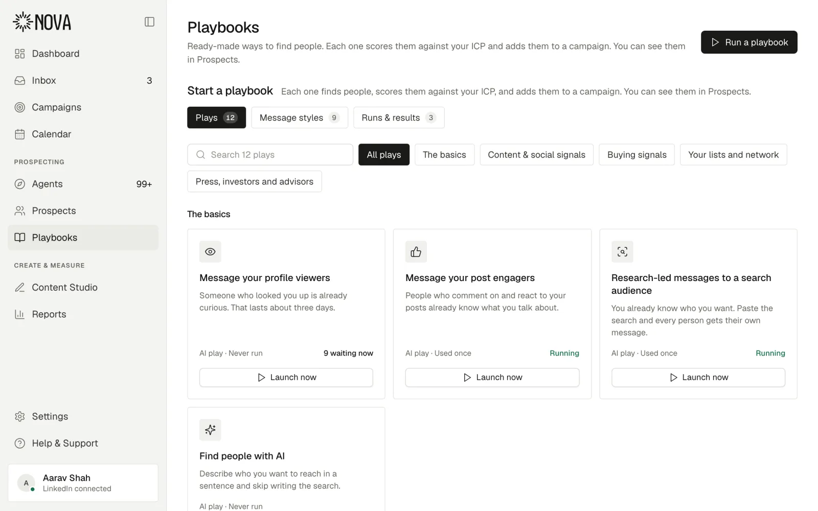Nova Playbooks library: 25+ ready-to-launch plays for profile viewers, post engagers and search audiences, each with its status
