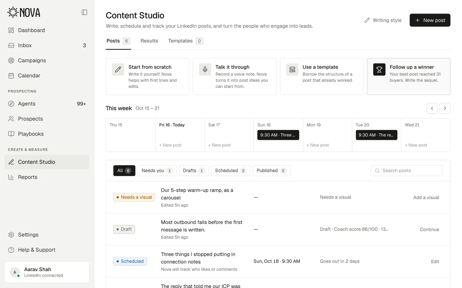 Nova Content Studio: this week’s posting calendar and drafts, scheduled and published posts