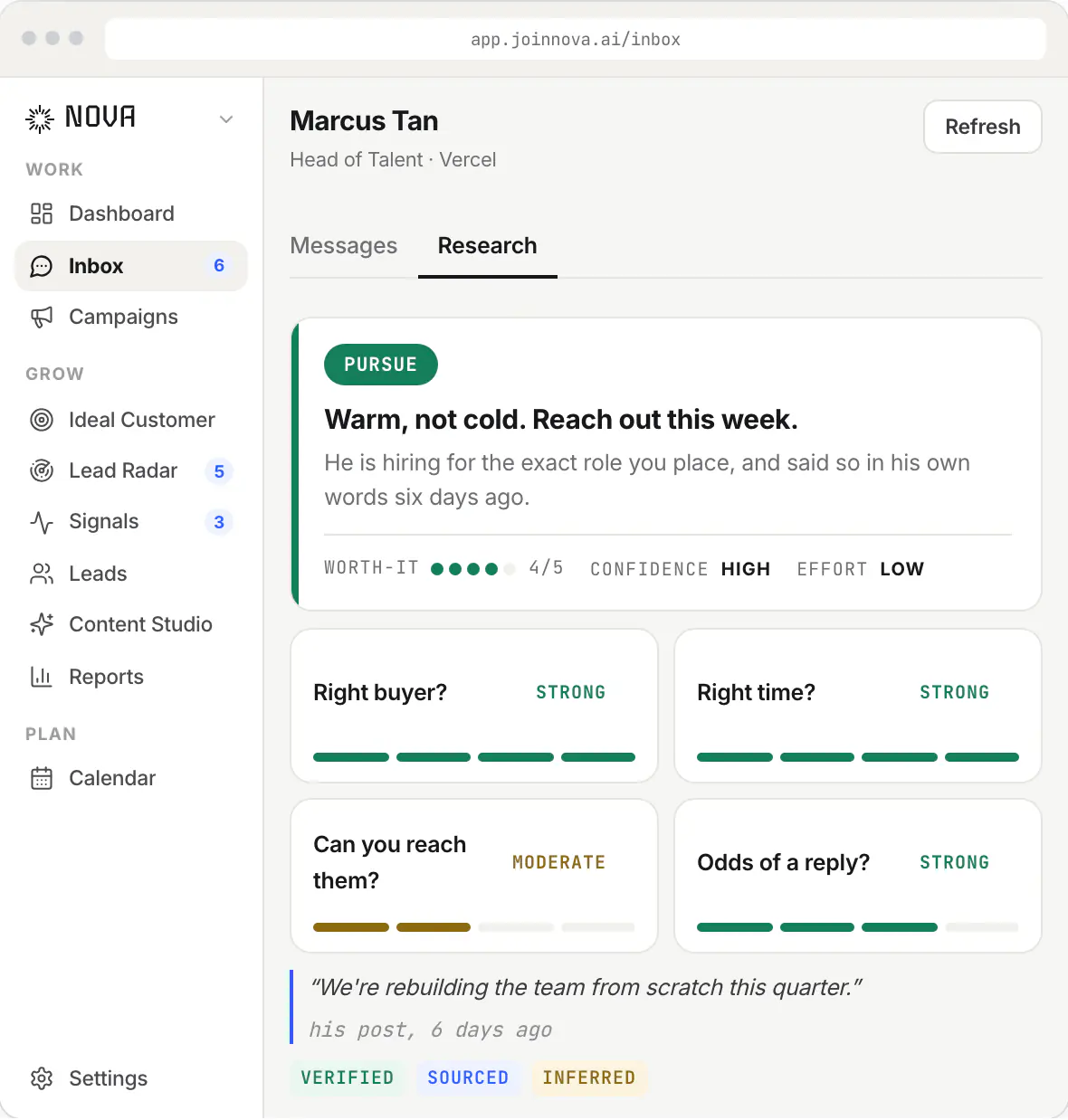 Nova's deep research on a lead: a pursue verdict, scored on buyer fit, timing, reachability and reply odds, with sourced evidence