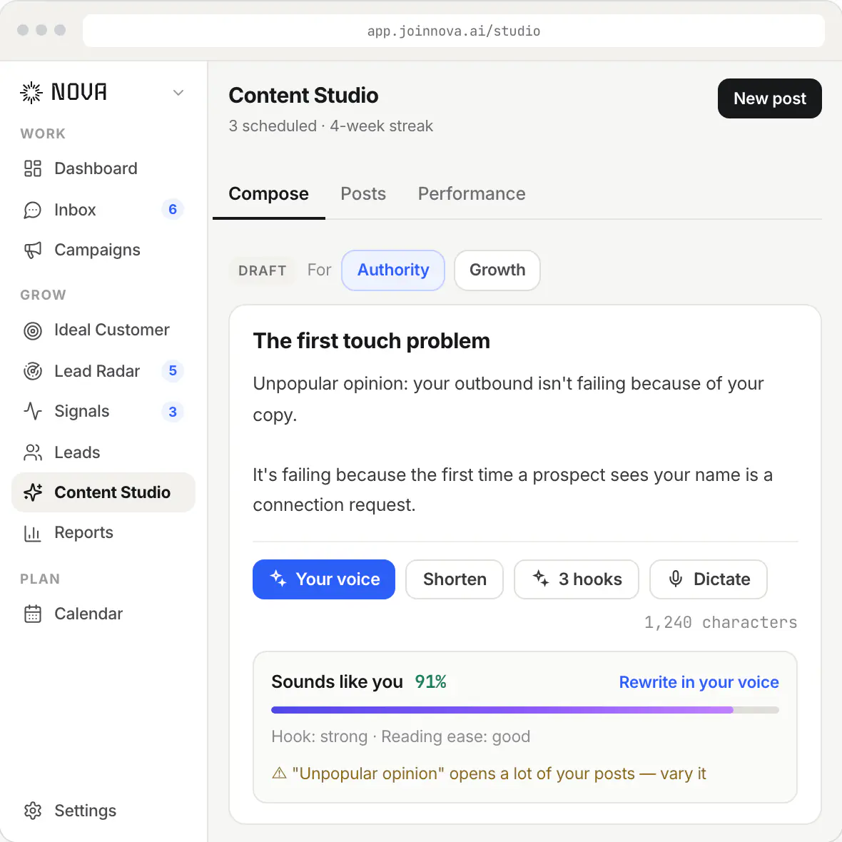 Nova's Content Studio: a draft post with a pre-publish audit scoring how much it sounds like you