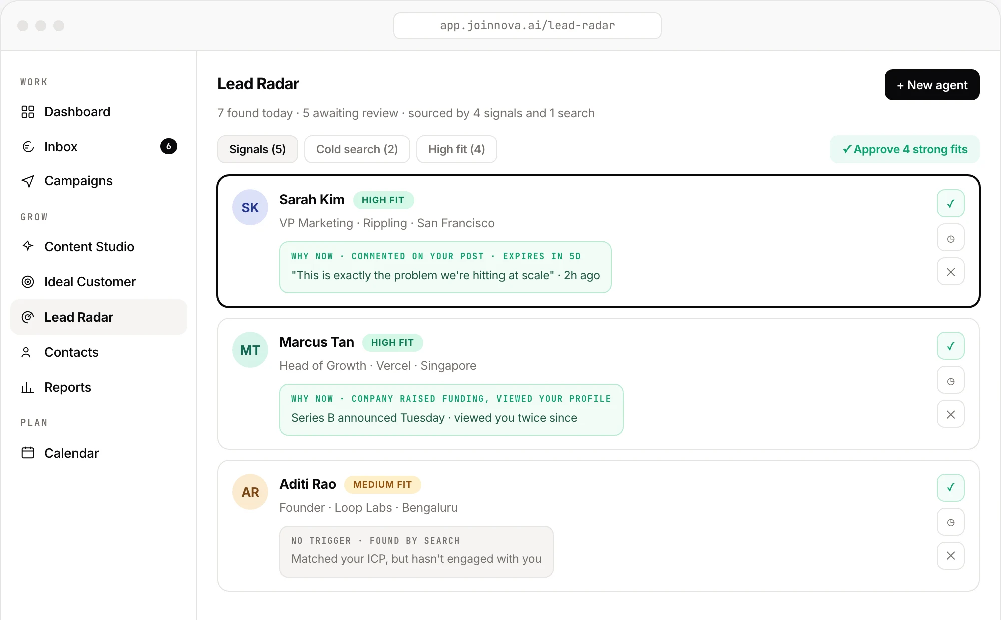Nova's Lead Radar view: discovered LinkedIn leads scored against an ideal customer profile, awaiting human approval